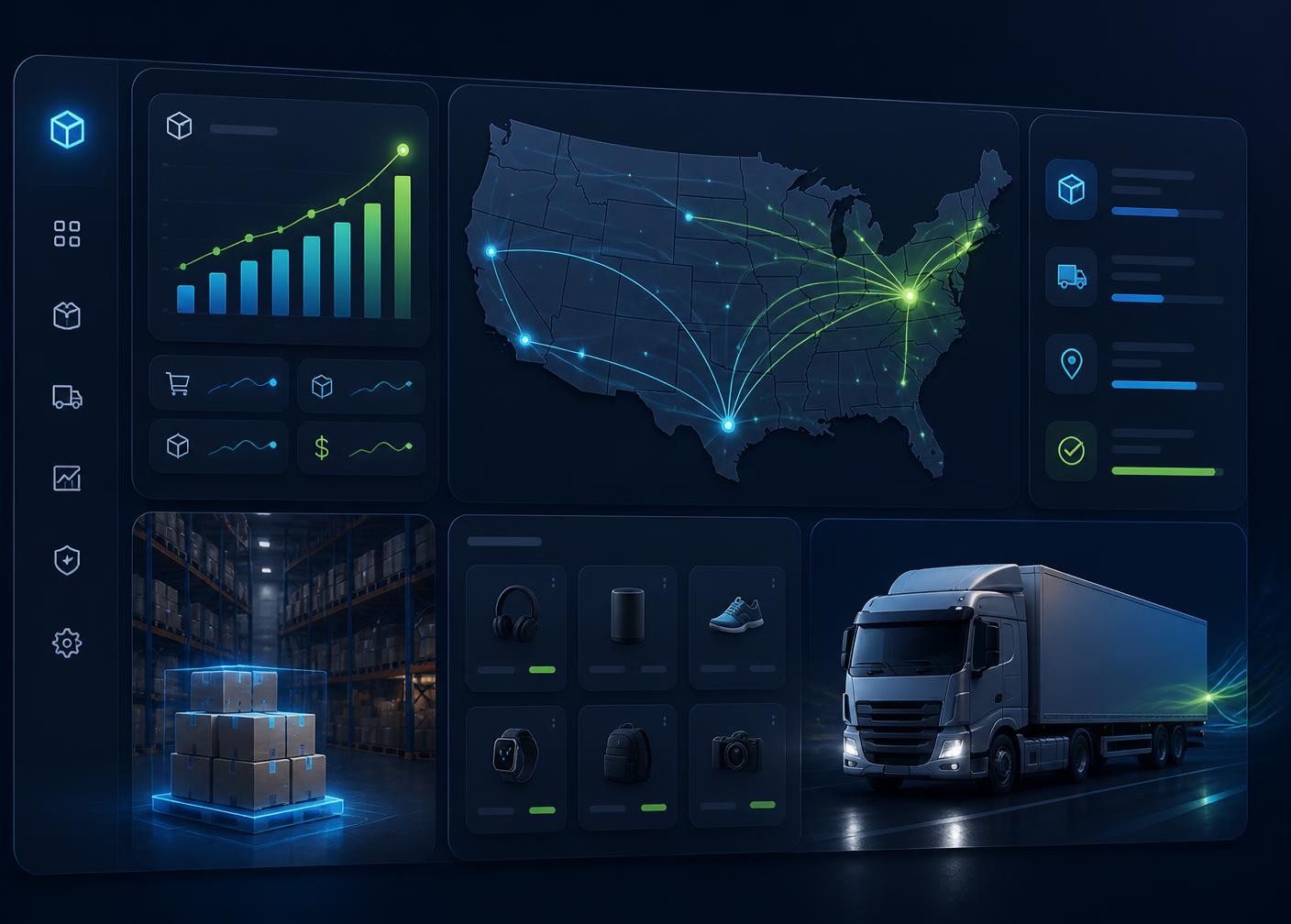Limon Store warehouse dashboard showing US shipping routes, live order analytics, and same-day fulfillment
